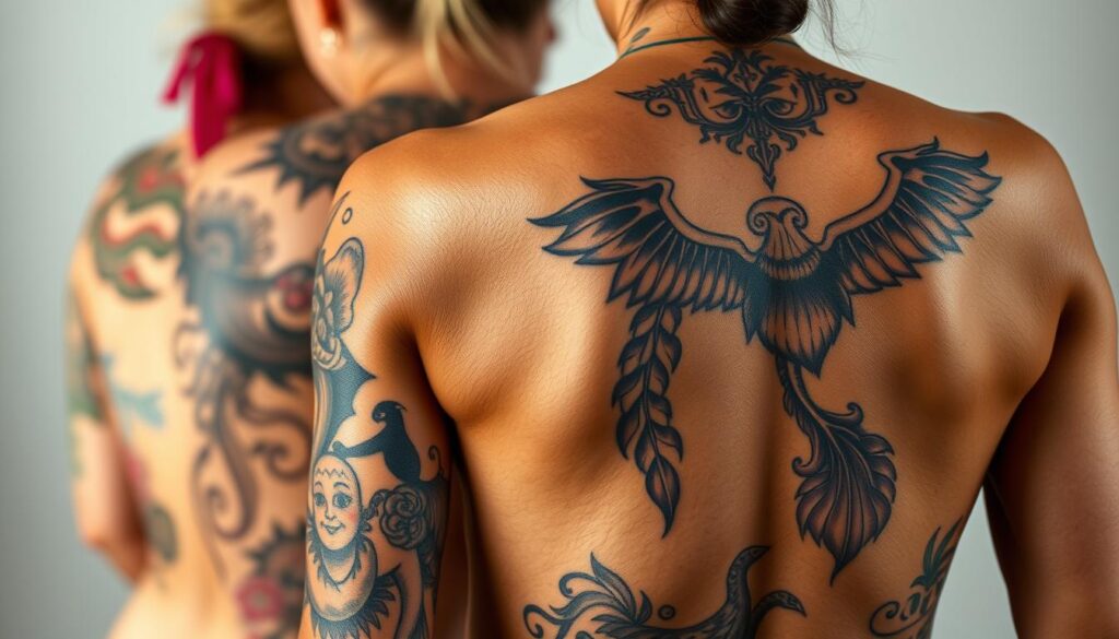 A close-up photograph of several celebrity-inspired, large and intricate back tattoo designs, showcasing a range of artistic styles and themes. The tattoos are depicted in vivid detail, with a focus on the textures, shading, and overall composition. The lighting is soft and flattering, creating a sense of depth and dimension. The background is blurred and minimalist, allowing the tattoo artwork to be the central focus of the image. The overall mood is one of artistic appreciation and admiration for the skill and creativity of the tattoo designs.