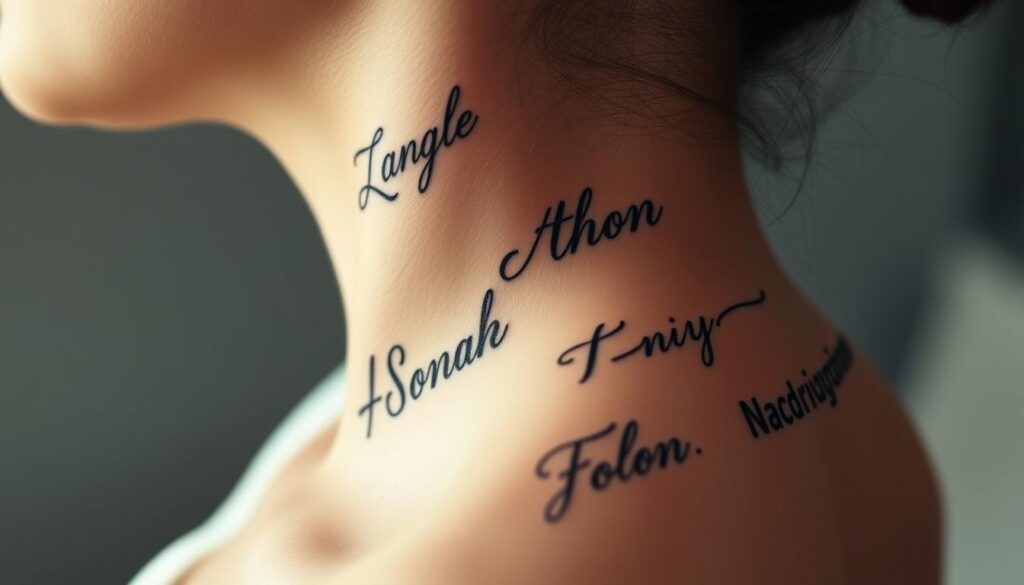 A close-up photograph of several elegant name neck tattoo designs, featuring a variety of intricate cursive scripts, cursive handwriting, and minimalist font styles. The tattoos are depicted in shades of black ink, delicately etched onto the side of a model's neck, showcasing the natural curves and contours of the skin. The lighting is soft and diffused, highlighting the fine details and subtle shadows of the designs. The background is blurred, placing the focus entirely on the stunning name tattoo artwork. The overall mood is one of sophistication, personal expression, and timeless beauty.