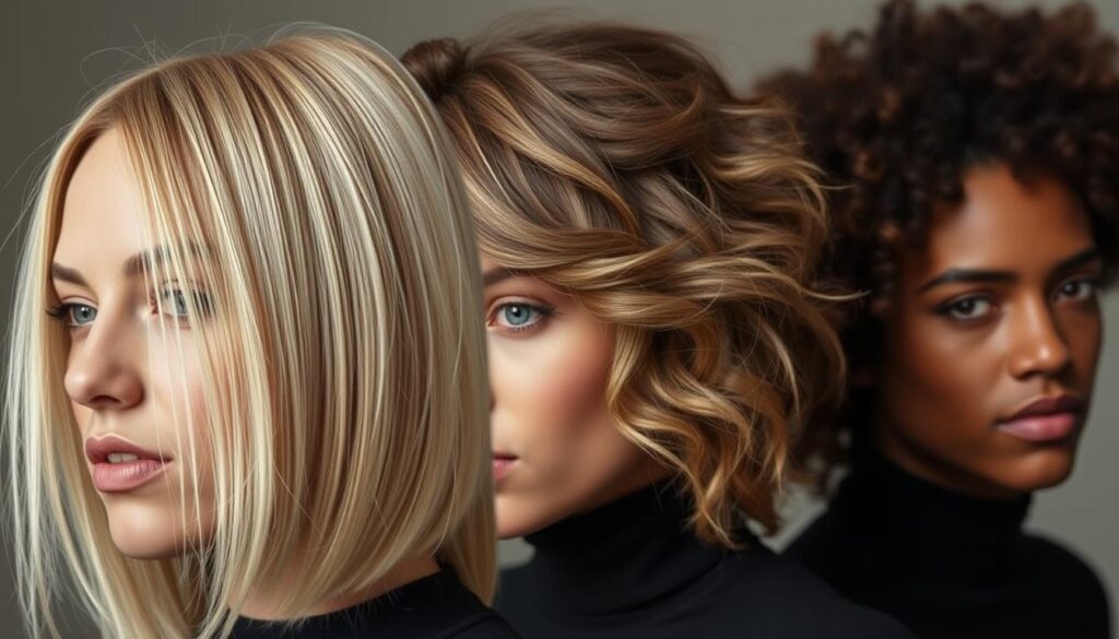 A close-up photograph of three different hair types showcasing the wolf cut hairstyle. In the foreground, a model with straight, fine hair showcases the layered, textured look of the wolf cut. In the middle ground, a model with thick, wavy hair demonstrates how the wolf cut adds volume and movement. In the background, a model with curly, coarse hair exhibits the wolf cut's ability to accentuate natural curl patterns. Soft, directional lighting from the side creates depth and highlights the dimensional hairstyles. Captured with a sharp, high-resolution lens at a medium focal length for a flattering, natural perspective.