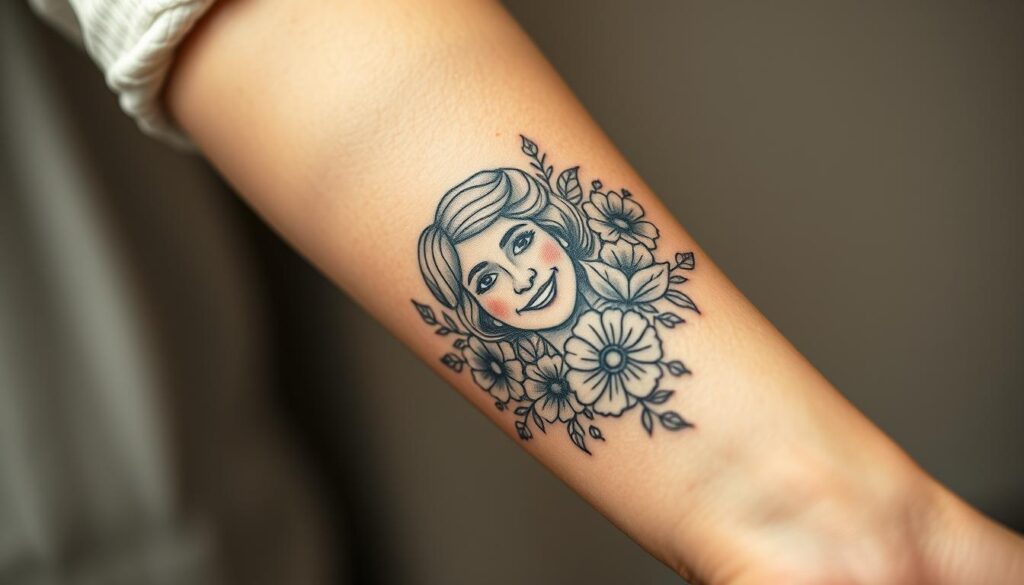 A close-up, photorealistic image of a detailed, personalized mom tribute tattoo on a person's forearm. The tattoo features a portrait of a smiling woman's face, likely the subject's mother, surrounded by intricate floral designs in a delicate, feminine style. The lighting is soft and diffused, highlighting the fine linework and shading of the tattoo. The background is blurred, putting the focus entirely on the meaningful, carefully crafted body art. The overall mood is one of reverence, gratitude, and deep personal connection.