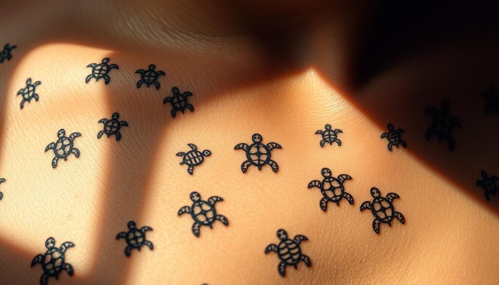 A close-up, photorealistic view of a variety of small, intricate turtle tattoo designs on a human skin canvas. The tattoos feature diverse styles and patterns, including minimalist line art, delicate dot work, and more detailed illustrations, all expertly rendered in black ink. The skin has a warm, natural tone, and the tattoos are depicted with realistic shadows and highlights, creating a sense of depth and dimension. The overall mood is one of thoughtful contemplation, with the turtle designs conveying a sense of wisdom, longevity, and connection to nature. Soft, directional lighting illuminates the scene, adding depth and drama.