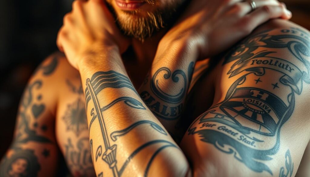 A close-up portrait of Dustin Poirier's tattooed arms and upper body, showcasing his intricate family and heritage-inspired ink. The lighting is warm and natural, casting subtle shadows that accentuate the details of the tattoos. The focus is sharp, drawing the viewer's attention to the delicate linework and symbolic imagery, such as a family crest, a Louisiana state flag, and other meaningful designs. The background is blurred, creating a sense of depth and emphasizing the tattoos as the central subject. The overall mood is one of personal significance and cultural pride, reflecting Poirier's deep connection to his roots.