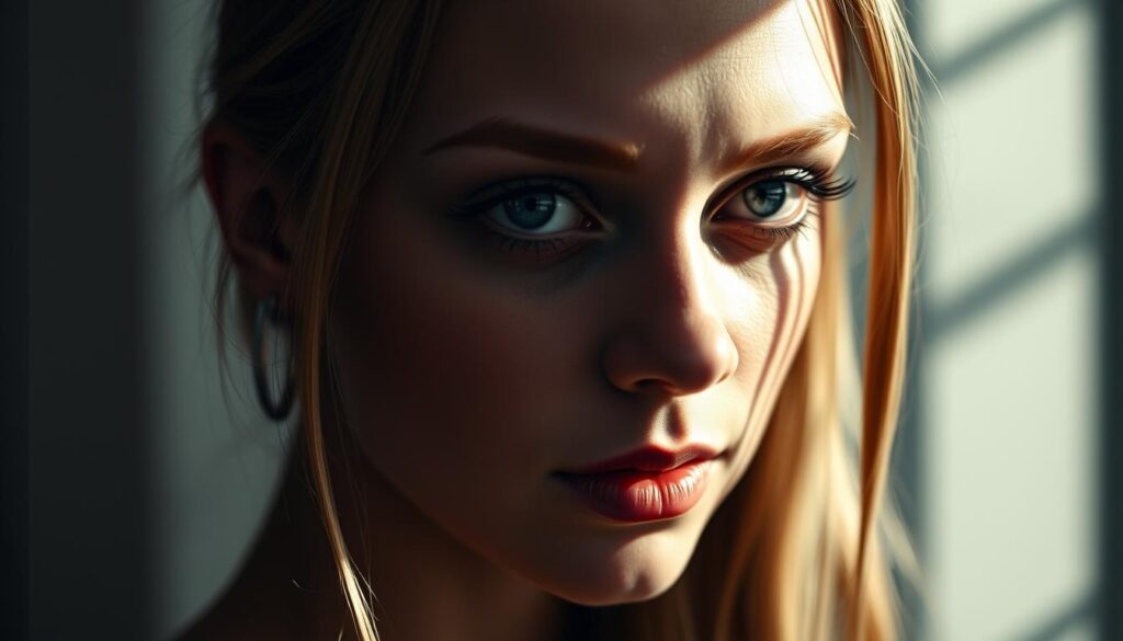 A close-up portrait of Hailie Jade, Eminem's daughter, depicted with a delicately rendered tattoo on her face. The tattoo is a photorealistic rendering of Eminem's face, capturing his piercing gaze and intense expression. The lighting is soft and diffused, casting gentle shadows that accentuate the intricate details of the tattoo. The background is blurred, creating a sense of depth and focus on the subject. The overall mood is introspective and contemplative, reflecting the deep personal significance of the tattoo and its connection to Eminem's life and legacy.