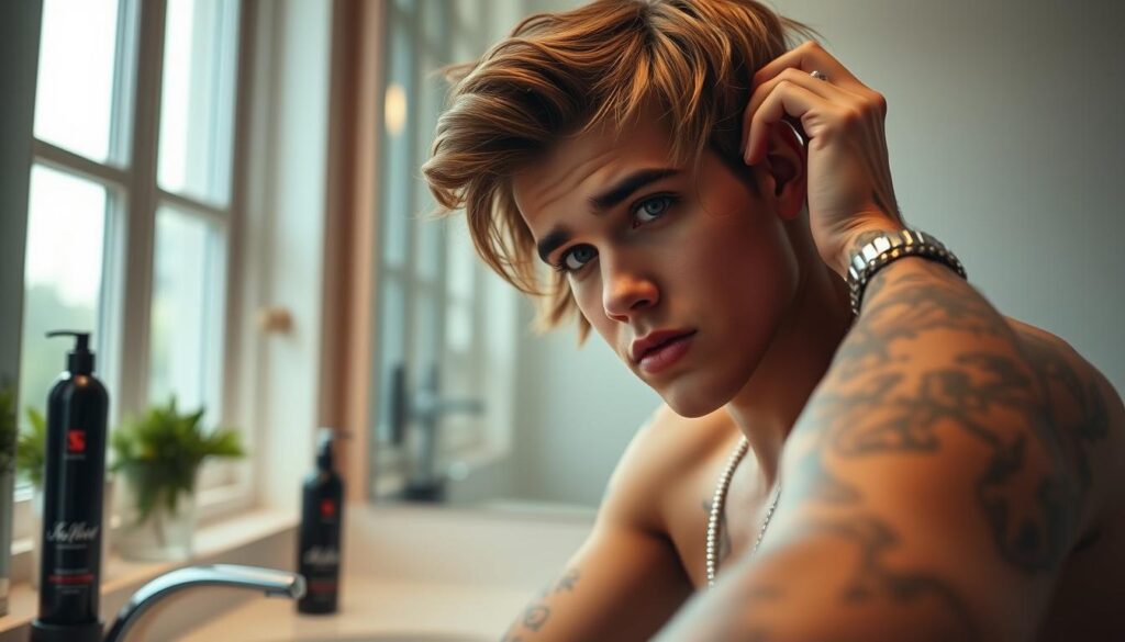 A close-up portrait of Justin Bieber demonstrating his signature hairstyling techniques. The scene is set in a well-lit, modern bathroom, with soft natural lighting from a large window. Bieber is seated at a vanity, intently focused on styling his medium-length wavy hair using premium hair care products. The camera angle captures a dynamic, three-quarter view, highlighting Bieber's features and the intricate details of his grooming process. The overall mood is one of intimacy and expertise, inviting the viewer to learn Bieber's personal hair maintenance tips. A close-up portrait of Justin Bieber demonstrating his signature hairstyling techniques. The scene is set in a well-lit, modern bathroom, with soft natural lighting from a large window. Bieber is seated at a vanity, intently focused on styling his medium-length wavy hair using premium hair care products. The camera angle captures a dynamic, three-quarter view, highlighting Bieber's features and the intricate details of his grooming process. The overall mood is one of intimacy and expertise, inviting the viewer to learn Bieber's personal hair maintenance tips.