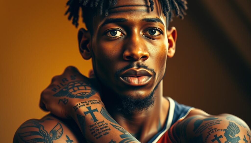 A close-up portrait of NBA star Ja Morant, his face and upper body illuminated by warm, soft lighting. His tattooed arms are prominently featured, displaying a diverse collection of religious and spiritual symbols - crosses, biblical verses, angel wings, and other sacred imagery. The tattoos are rendered in vivid detail, conveying a sense of deep personal meaning and devotion. The background is blurred, keeping the focus on Morant's expressive face and his ink-adorned skin. The overall mood is contemplative, highlighting the player's faith and the stories behind his religious tattoos.