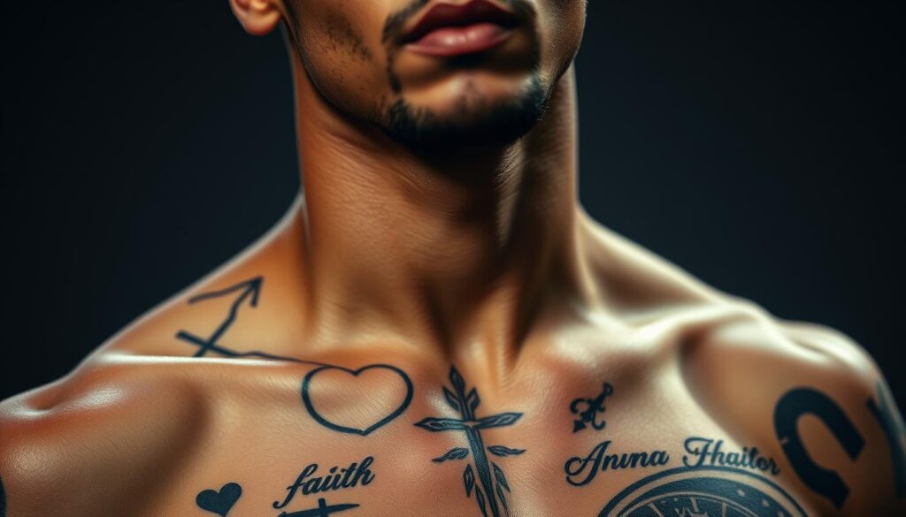 A close-up portrait of Neymar Jr., the famous Brazilian soccer player, revealing his intricate tattoos on his upper body. The camera captures the details of his ink designs with a shallow depth of field, emphasizing the artistry and personal significance of the tattoos. The lighting is soft and flattering, casting gentle shadows that accentuate the contours of his muscular physique. The background is slightly blurred, allowing the tattoos to be the focal point of the image. The overall mood is contemplative, evoking a sense of Neymar's faith and spirituality through the symbolic and expressive nature of his body art.