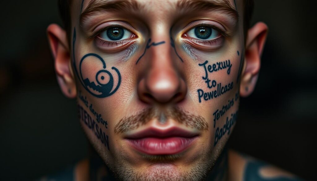 A close-up portrait of Pete Davidson, his face etched with a lifetime of tattoos that tell the story of his journey. The camera captures the details of his ink - swirling patterns, sentimental words, and pop culture references that adorn his skin. The lighting is soft and diffused, highlighting the textures and colors of the tattoos, while casting subtle shadows that add depth and dimension to the image. The background is blurred, keeping the focus on Davidson's intricate tattoo work, a visual chronicle of his life experiences. The mood is introspective, inviting the viewer to study the deeply personal nature of his body art.