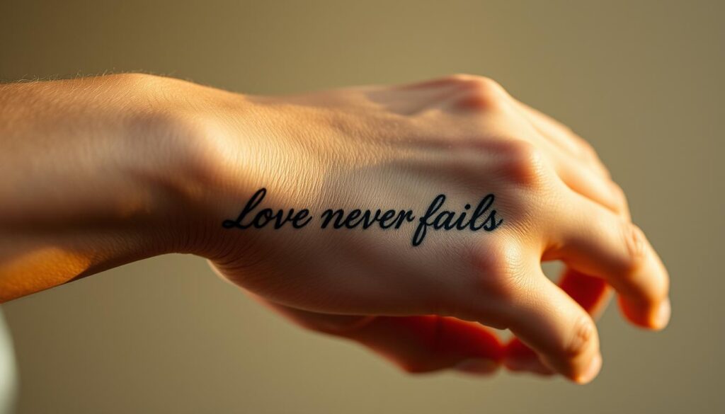 A close-up portrait of Stephen Curry's hand, prominently displaying the tattoo "LOVE NEVER FAILS" in elegant script on his inner forearm. The skin texture is realistic, with fine details of the tattoo ink and subtle hair follicles. The hand is positioned in a relaxed, open pose, capturing the personal significance of the tattoo. Soft, natural lighting from the side casts warm shadows, emphasizing the contours of the hand and tattoo. The background is blurred, keeping the focus on the tattoo as the central subject, conveying the deep personal meaning behind this family-inspired design.