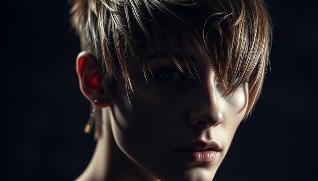 A close-up portrait of a classic wolf cut hairstyle with choppy, textured layers. The hair frames the model's face in a dynamic, asymmetric style, with strands cascading over the forehead and ears. Dramatic shadows and highlights create depth and dimension, emphasizing the edgy, rebellious nature of the cut. The lighting is moody and dramatic, casting the subject in a cinematic, almost noir-esque atmosphere. The background is blurred, keeping the focus solely on the intricate, layered hairstyle and its striking visual impact.