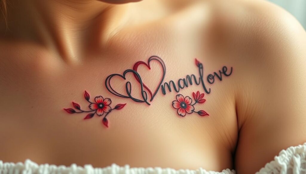 A close-up portrait of a delicate, love-filled tribute tattoo on a mother's skin. The intricate design features intertwined hearts, a cherished child's name, and ethereal floral motifs in warm, vibrant hues. Soft, diffused lighting bathes the scene, creating a serene, intimate atmosphere. The tattoo's placement suggests it holds deep personal significance, a permanent symbol of a mother's unconditional love. The focus is sharp on the tactile, textured details of the ink, evoking a sense of heartfelt emotion and profound connection.