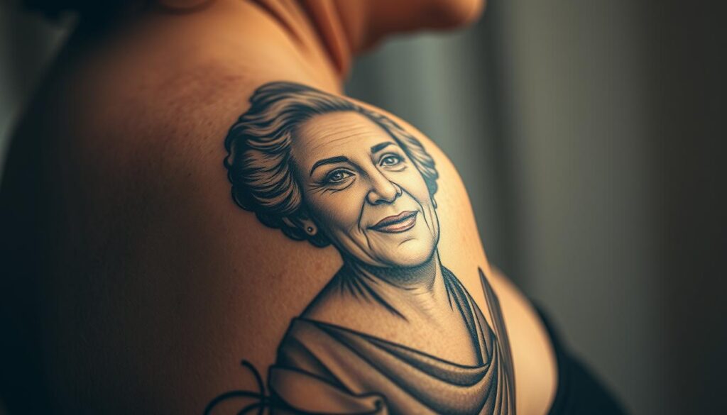 A close-up portrait of a detailed, photorealistic memorial tattoo featuring a portrait of a beloved grandmother. The tattoo is depicted on the foreground of the image, with a soft, warm lighting that highlights the intricate shading and lifelike details of the ink work. The tattoo is set against a blurred, ethereal background, creating a somber, contemplative mood. The composition is carefully framed to emphasize the meaningful and personal nature of the memorial tattoo, conveying the deep sense of loss and remembrance.
