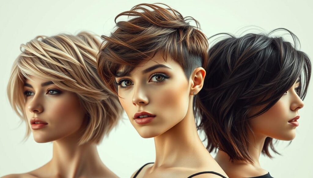 A close-up portrait of a diverse range of hairstyles representing the wolf cut, captured in a soft, natural lighting and a clean, minimalist studio setting. The foreground features three models with varying hair textures, lengths, and face shapes, each showcasing a distinct interpretation of the wolf cut. The middle ground highlights the layering, volume, and textural details of the haircuts, while the background remains subtly blurred, allowing the focus to remain on the hairstyles. The overall mood is one of elegance, sophistication, and a celebration of individual hair types and personal style.