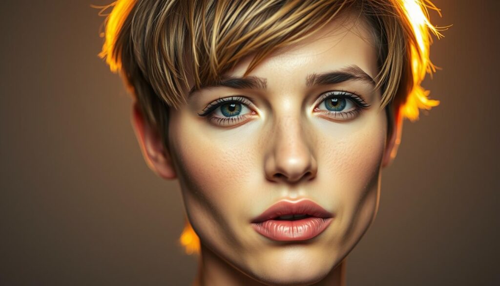 A close-up portrait of a face with a wolf cut hairstyle, captured with a high-quality camera lens. The hair features layers, volume, and a slightly disheveled, textured appearance, framing the subject's face in a flattering and stylish manner. The lighting is soft and diffused, creating a warm, inviting atmosphere that accentuates the model's facial features and bone structure. The background is blurred and minimalist, allowing the focus to remain on the subject's face and hairstyle. The overall impression is one of a modern, fashion-forward look that complements the face shape.