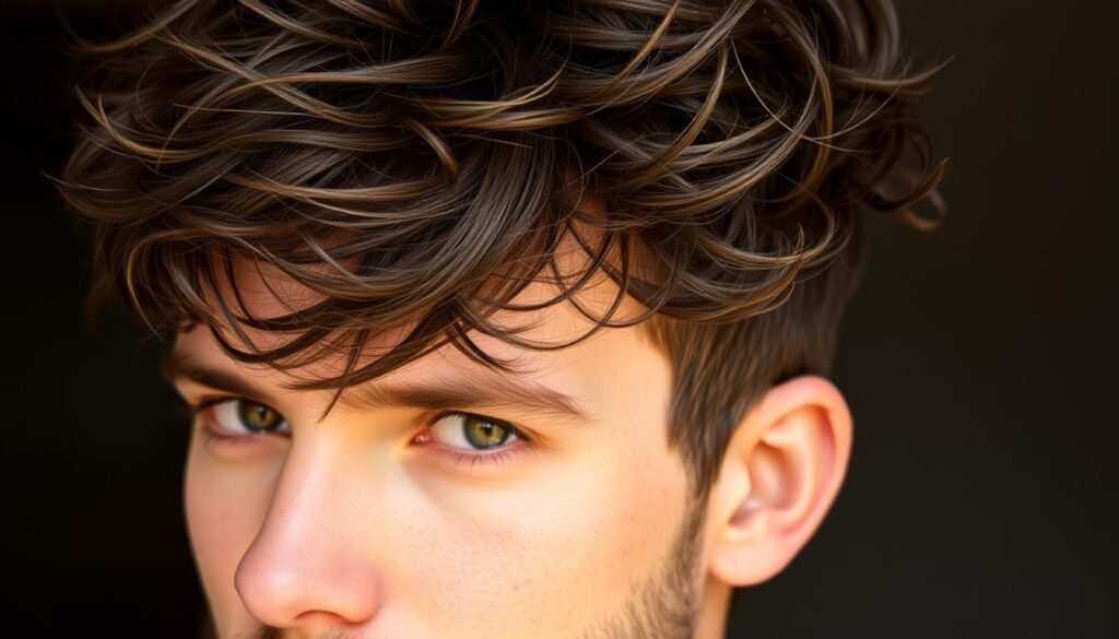 A close-up portrait of a man with a textured, voluminous wolf cut hairstyle. The hair is medium-length, with tousled, wavy layers and a messy, windswept appearance. The lighting is soft and diffused, creating warm, flattering shadows that accentuate the dynamic texture and movement of the hair. The background is slightly blurred, keeping the focus on the subject's head and face. The overall mood is one of effortless, stylish masculinity, perfectly capturing the essence of the trendy curly wolf cut hairstyle.