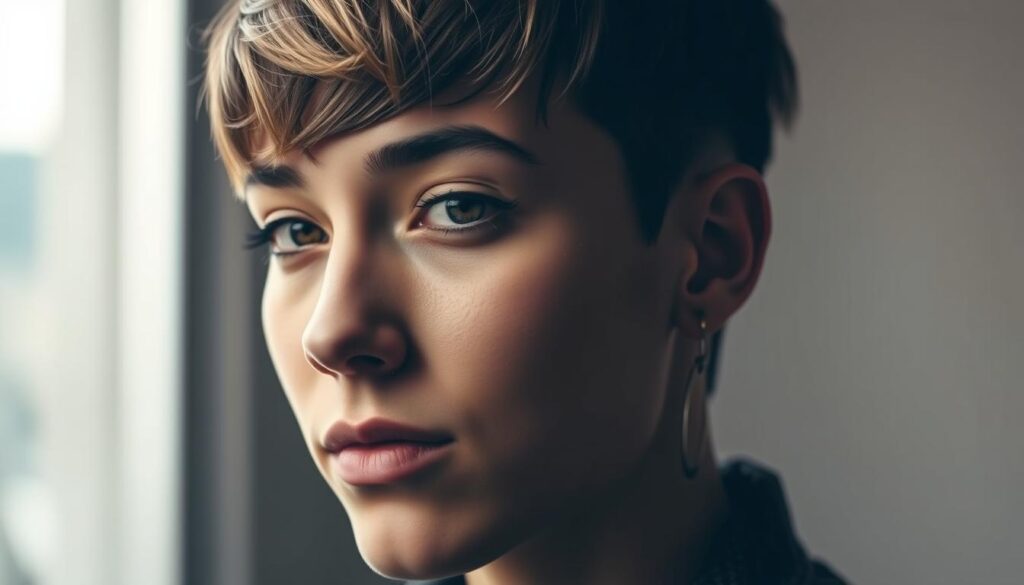A close-up portrait of a person with a stylish wolf cut hairstyle, showcasing the distinctive layered and textured look. The lighting is soft and flattering, creating a warm, inviting atmosphere. The focus is on the model's face, allowing the unique features of the wolf cut to be the central point of interest. The background is blurred, creating a sense of depth and drawing the viewer's attention to the stunning hairstyle. The overall mood is one of modern sophistication and effortless cool, perfectly capturing the essence of the wolf cut trend.