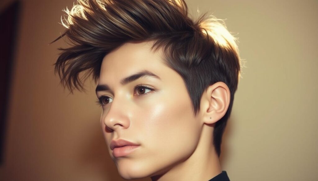A close-up portrait of a person with a stylish wolf-cut hairstyle, showcasing the textured layers and messy, voluminous look. The subject is positioned against a soft, blurred background with warm, natural lighting from the side, creating a flattering, high-contrast effect. The focus is on the hair, with details like the movement, separation, and subtle highlights visible. The overall mood is one of effortless, modern elegance, conveying the low-maintenance upkeep required for this trendy haircut.
