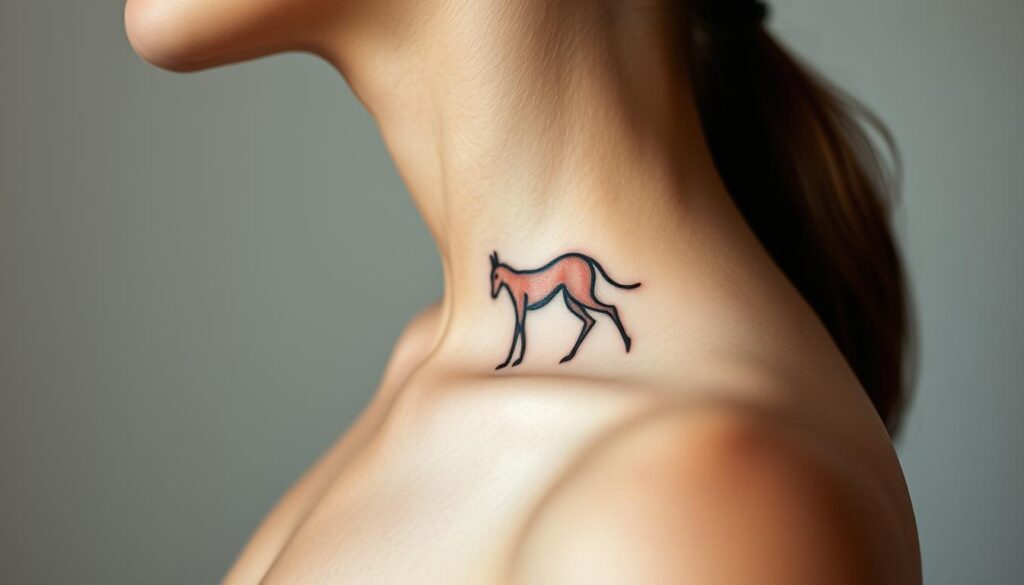 A close-up portrait of a realistic animal tattoo design, featuring a detailed and lifelike depiction of a graceful, minimalist animal silhouette against a clean, muted background. The tattoo design showcases delicate linework, subtle shading, and a harmonious balance of positive and negative space, creating a visually striking and meaningful piece of body art. Captured with a soft, natural lighting setup and a shallow depth of field to emphasize the intricate tattoo details. The overall aesthetic conveys a sense of simplicity, elegance, and the deep symbolic connection between humans and the natural world.