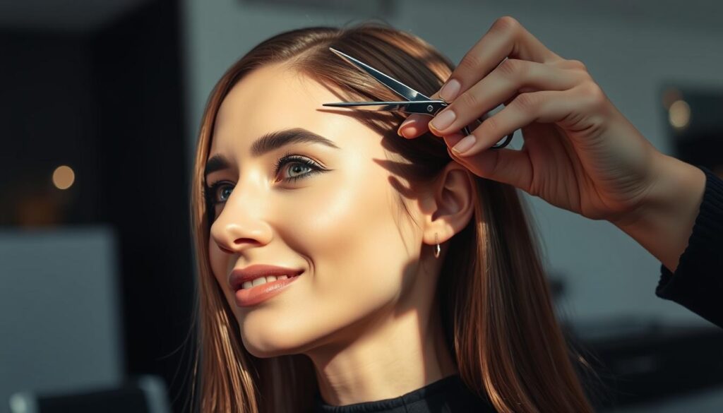 A close-up portrait of a stylish woman receiving a professional haircut in a modern salon. The stylist's hands are carefully trimming her hair with sharp scissors, creating a sleek and polished look. Soft, directional lighting from the side casts dramatic shadows, highlighting the intricate details of the haircut. The woman's expression is one of relaxation and contentment, as she trusts the expertise of the skilled stylist. The salon's clean, minimalist decor provides a calming, sophisticated backdrop, emphasizing the high-quality service and attention to detail. A close-up portrait of a stylish woman receiving a professional haircut in a modern salon. The stylist's hands are carefully trimming her hair with sharp scissors, creating a sleek and polished look. Soft, directional lighting from the side casts dramatic shadows, highlighting the intricate details of the haircut. The woman's expression is one of relaxation and contentment, as she trusts the expertise of the skilled stylist. The salon's clean, minimalist decor provides a calming, sophisticated backdrop, emphasizing the high-quality service and attention to detail.