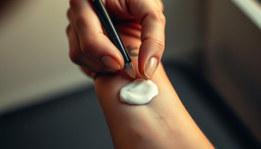A close-up portrait of a tattooed hand gently applying a thin layer of clear, glossy petroleum-based ointment to a freshly inked tattoo on the forearm. The skin around the tattoo appears slightly reddened and irritated, indicating a new, healing tattoo. The hand is positioned at a slight angle, with the fingertips delicately spreading the ointment evenly across the tattooed area. The background is softly blurred, placing the focus entirely on the application process. Warm, directional lighting casts subtle shadows, emphasizing the texture of the skin and the sheen of the ointment. The overall mood is one of care, attention, and expertise in the proper aftercare of a new tattoo.
