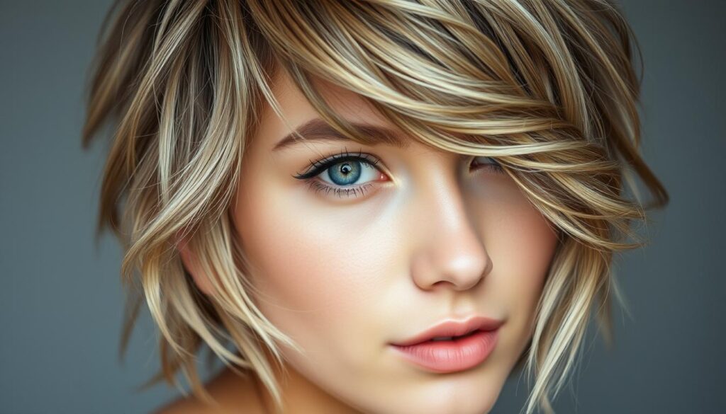 A close-up portrait of a woman with a modern wolf cut hairstyle, featuring layers of textured waves and wispy bangs that frame her face. The hair has a soft, voluminous quality with subtle highlights and lowlights that create depth and dimension. The lighting is soft and diffused, accentuating the face's delicate features and the hairstyle's natural movement. The background is blurred, keeping the focus on the subject's striking and dynamic wolf cut look. The overall mood is one of effortless, youthful sophistication.