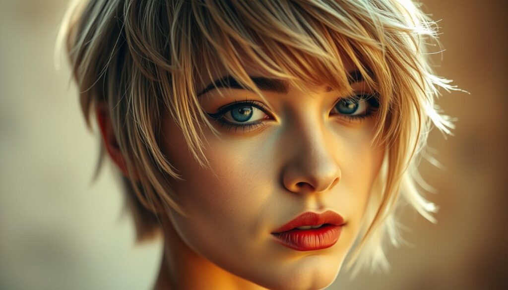 A close-up portrait of a woman with a wolf cut hairstyle, featuring wispy, textured curtain bangs that frame her face. The lighting is soft and diffused, creating a warm, natural glow that highlights the delicate layers and choppy details of the hair. The background is blurred, drawing the viewer's attention to the subject's striking features and the distinctive wolf cut style. The overall mood is one of fierce, yet feminine, beauty.