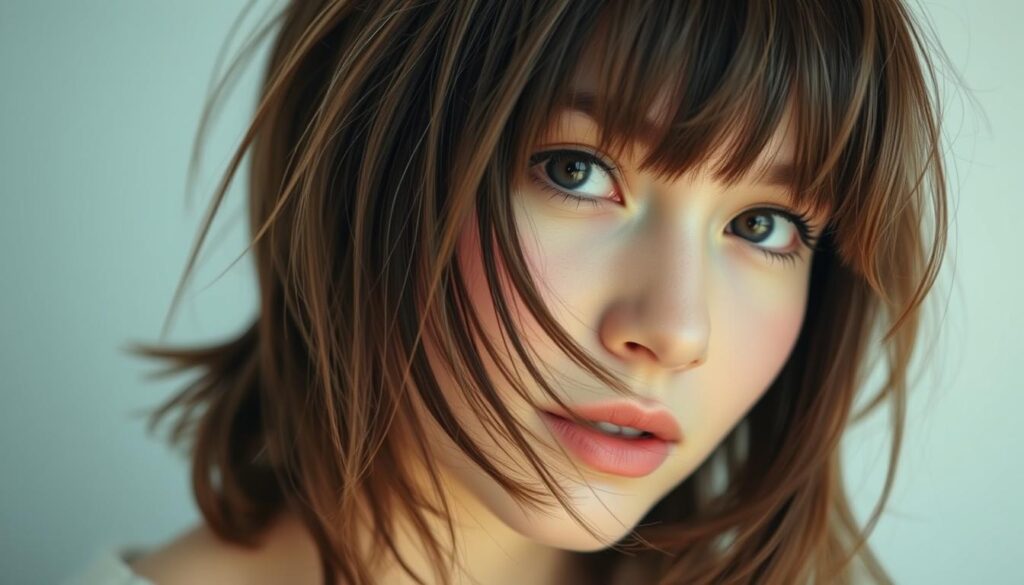 A close-up portrait of a woman with medium-length hair, showcasing choppy layers and curtain bangs. The lighting is soft and diffused, creating a flattering, ethereal look. The focus is on the texture and movement of the hair, with individual strands visible and a slight wind-swept effect. The background is blurred, keeping the attention on the hairstyle. The overall mood is natural, youthful, and effortlessly stylish, reflecting the desired "wolf cut" aesthetic.