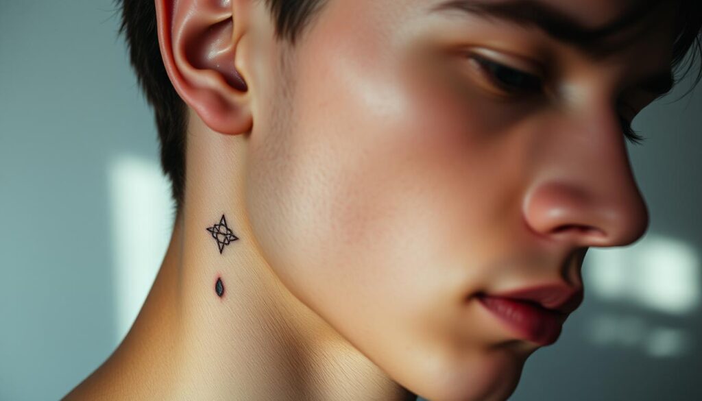 A close-up portrait of a young male model with a series of small, delicate tattoos adorning the side of his neck. The tattoos feature intricate, minimalist designs such as fine lines, subtle symbols, or abstract patterns. The lighting is soft and directional, creating gentle shadows that accentuate the contours of the neck and the details of the tattoos. The background is slightly blurred, keeping the focus on the subject's face and neck. The overall mood is one of understated elegance and personal expression.