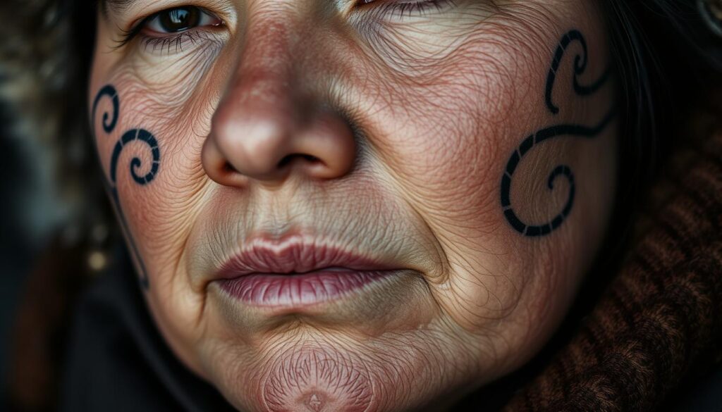 A close-up portrait of an Inuit woman's face, her skin weathered by the Arctic winds. Her cheeks and chin are adorned with intricate tattoos, swirling patterns and geometric designs in shades of indigo and charcoal. The tattoos flow seamlessly across her features, a visible expression of her cultural identity and connection to her ancestral traditions. Soft, diffused lighting illuminates the delicate details of the ink, casting subtle shadows that accentuate the texture of her skin. The background is blurred, keeping the focus solely on the mesmerizing tattoos and the poise of the woman's expression, which conveys a sense of quiet dignity and pride.