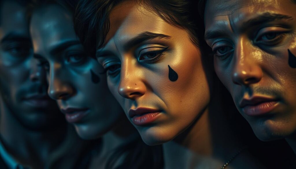 A close-up portrait of several celebrities, each with a distinctive teardrop tattoo on their face. The lighting is dramatic, with a mix of soft, directional lighting and deep shadows, creating a somber, introspective mood. The subjects' expressions are pensive, their gaze slightly downcast, conveying a sense of personal significance and meaning behind the iconic tattoo design. The background is blurred, keeping the focus on the striking facial features and the symbolic tattoos. The overall composition is visually compelling, showcasing the cultural impact and significance of tear drop tattoos in popular culture. A close-up portrait of several celebrities, each with a distinctive teardrop tattoo on their face. The lighting is dramatic, with a mix of soft, directional lighting and deep shadows, creating a somber, introspective mood. The subjects' expressions are pensive, their gaze slightly downcast, conveying a sense of personal significance and meaning behind the iconic tattoo design. The background is blurred, keeping the focus on the striking facial features and the symbolic tattoos. The overall composition is visually compelling, showcasing the cultural impact and significance of tear drop tattoos in popular culture.