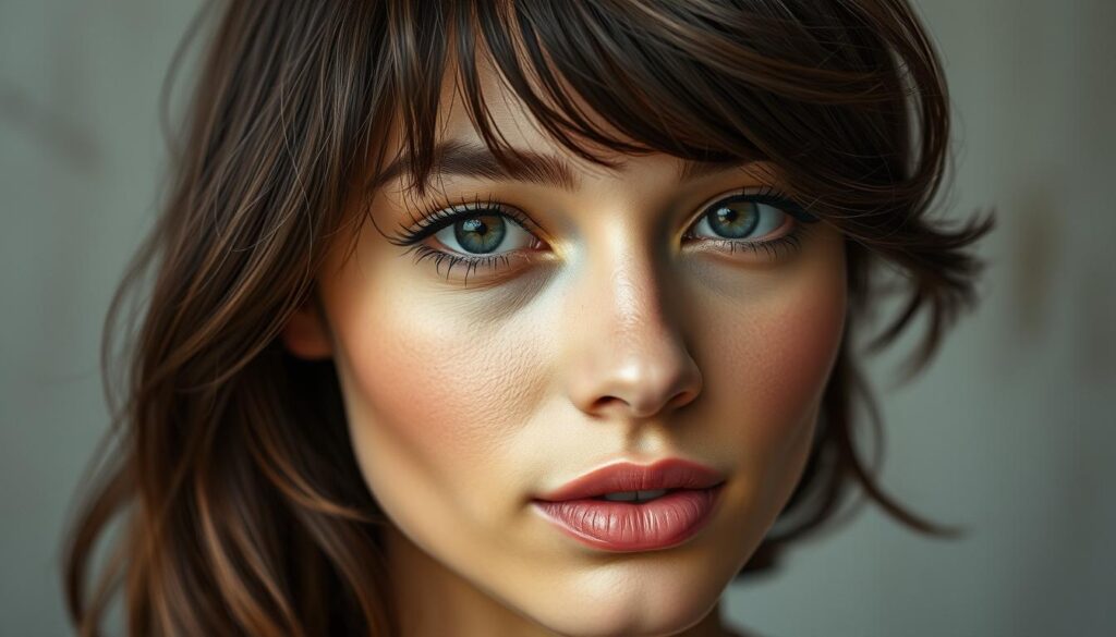 A close-up portrait showcasing diverse face-framing haircut techniques for a round face shape. The subject's features are softly illuminated by natural, diffused lighting, creating a flattering, dimensional effect. The hairstyles displayed range from layered, side-swept bangs to delicate tendrils framing the cheeks, each style thoughtfully accentuating the subject's facial contours. The background is a muted, out-of-focus backdrop, allowing the intricate hair details to take center stage. The overall mood is polished, refined, and focused on highlighting the most flattering aspects of the round face shape. A close-up portrait showcasing diverse face-framing haircut techniques for a round face shape. The subject's features are softly illuminated by natural, diffused lighting, creating a flattering, dimensional effect. The hairstyles displayed range from layered, side-swept bangs to delicate tendrils framing the cheeks, each style thoughtfully accentuating the subject's facial contours. The background is a muted, out-of-focus backdrop, allowing the intricate hair details to take center stage. The overall mood is polished, refined, and focused on highlighting the most flattering aspects of the round face shape.