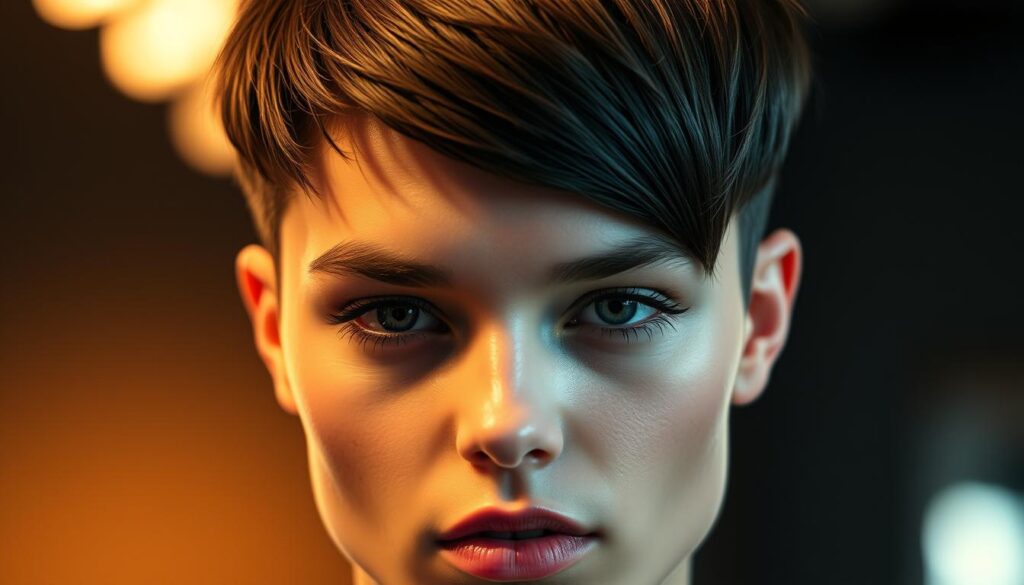 A close-up portrait showcasing the adaptability of the wolf cut hairstyle to various face shapes. Centered in the frame, a model's face with defined cheekbones and a strong jawline, their hair styled in the signature wolf cut layers. Soft, warm lighting illuminates the subject, casting gentle shadows to accentuate the facial structure. The background is blurred, keeping the focus on the model's face and hair. The overall mood is sleek, modern, and fashion-forward, highlighting how the wolf cut can be tailored to complement different facial features.