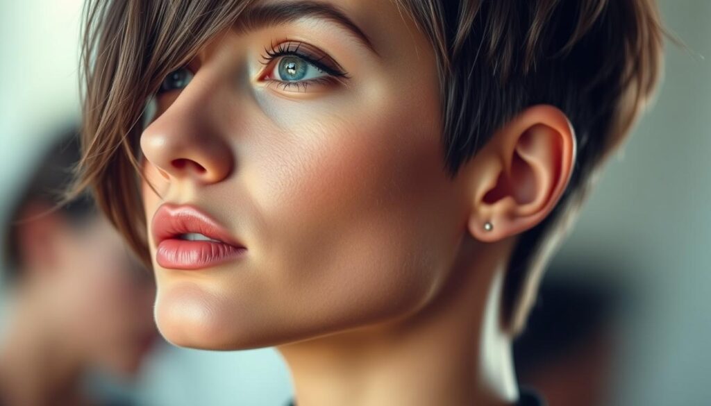 A close-up portrait showcasing the artful layering of a wolf cut hairstyle, expertly balanced to flatter the subject's facial features. Soft, diffused lighting illuminates the face from the side, casting subtle shadows that accentuate the textured, voluminous layers. The camera is positioned slightly above eye level, creating a flattering angle that elongates the neck and draws attention to the face's natural contours. The background is intentionally blurred, keeping the focus solely on the hairstyle and its harmonious integration with the model's face shape. The overall mood is one of refined elegance and transformative beauty, reflecting the section's theme of "Perfecting the Look: Ideal Face Shapes and Hair Textures".