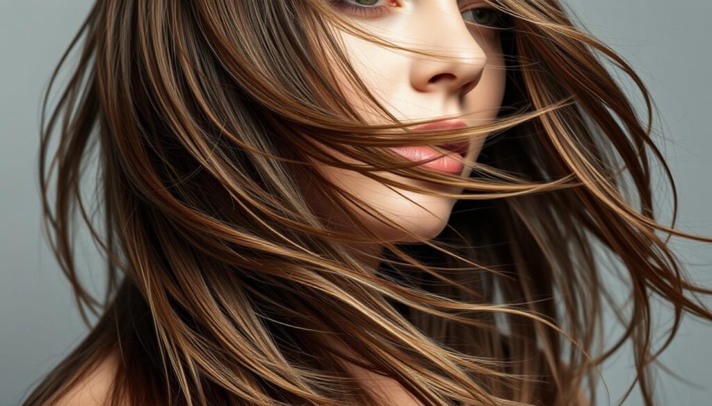 A close-up portrait showcasing the dynamic, layered movement of a wolf cut hairstyle. Soft, diffused lighting illuminates the model's long, flowing locks as they sway and cascade gracefully, creating a mesmerizing sense of motion and texture. The focus is on the intricate interplay of the varying length layers, with strands gently lifting and curling to accentuate the style's signature volume and dimension. The model's facial features are partially obscured, drawing the viewer's attention to the captivating hairstyle. A neutral, minimalist background allows the hairstyle to take center stage, conveying the chic, stylish essence of the wolf cut look.