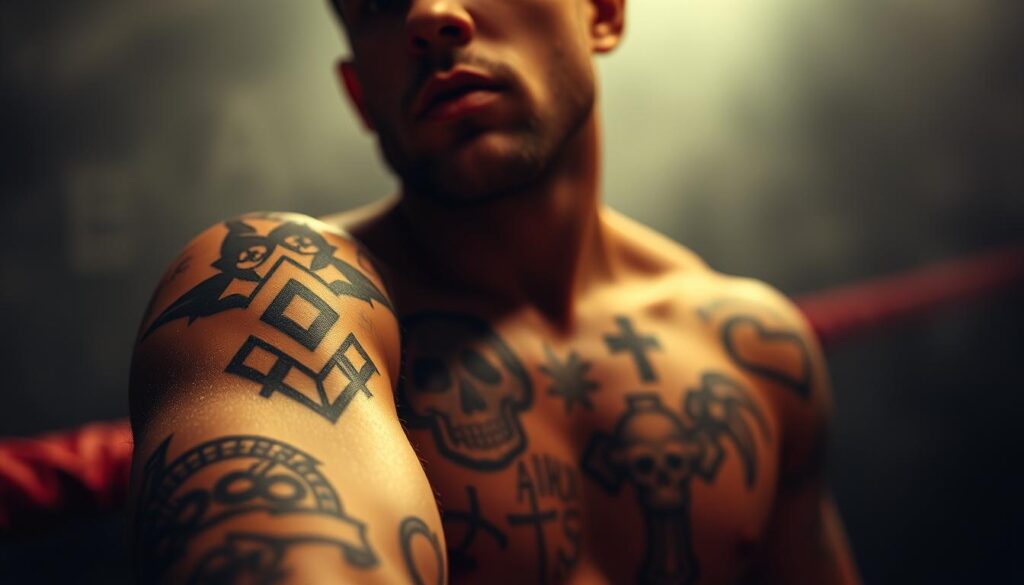 A close-up shot of Dustin Poirier's tattoos, capturing the intricate designs and meanings etched into his skin. The foreground showcases Poirier's iconic "diamond" tattoo, a symbol of his fighting style and perseverance. The middle ground reveals a collection of additional tattoos, including a cross, a skull, and other personal symbols. The background is softly blurred, creating a moody, intimate atmosphere that reflects Poirier's journey through the sport of MMA. The lighting is warm and slightly dramatic, accentuating the textures and details of the tattoos. The camera angle is slightly elevated, giving the viewer a sense of intimacy and focus on the subject's ink.