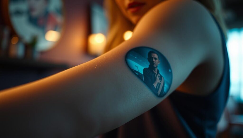 A close-up shot of Kristen Bell's arm, revealing a photorealistic temporary tattoo video playing on her skin. The tattoo is highly detailed, with crisp lines and vibrant colors. The lighting is soft and diffused, creating a warm, intimate atmosphere. The background is blurred, keeping the focus on the tattoo and Bell's arm. The angle is slightly tilted, adding a sense of dynamism and movement to the scene. The overall mood is one of curiosity and intrigue, inviting the viewer to explore the story behind this unusual tattoo display.