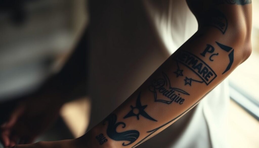 A close-up shot of Neymar Jr's tattooed forearms, capturing the intricate designs and personal meanings behind his first tattoos. The lighting is soft and natural, highlighting the detailed line work and shading. The background is slightly blurred, keeping the focus on the prominent tattoos that cover his skin. The overall mood is one of personal expression and the story behind the ink, reflecting the significance of these early tattoos in Neymar's journey. The image conveys a sense of intimacy and thoughtfulness, inviting the viewer to appreciate the deeper significance of the artwork adorning the renowned footballer's body.