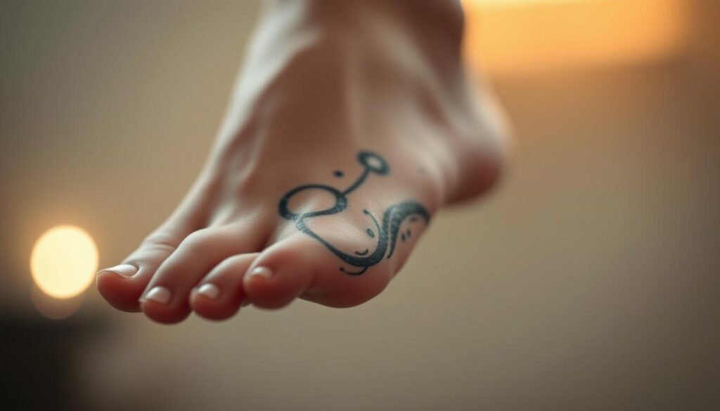 A close-up shot of a delicate foot adorned with a visually striking tattoo. The design, a mesmerizing interplay of intricate lines and subtle shading, gracefully wraps around the curves of the foot. The skin is smooth and supple, highlighting the alluring nature of the ink's placement. Soft, diffused lighting from above casts a warm, sensual glow, accentuating the tattoo's captivating details. The background is blurred, keeping the focus solely on the enchanting foot tattoo and its captivating allure.