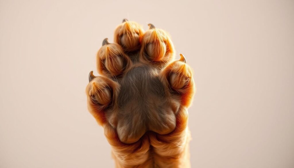 A close-up shot of a dog's paw against a neutral, minimalist background. The paw is in sharp focus, showcasing the intricate pads, claws, and fur texture in vivid detail. Soft, warm lighting illuminates the paw from the side, creating gentle shadows that accentuate the paw's contours. The background is slightly blurred, creating a sense of depth and drawing the viewer's attention to the paw. The overall mood is one of care, attention, and the importance of maintaining a dog's paw health. A close-up shot of a dog's paw against a neutral, minimalist background. The paw is in sharp focus, showcasing the intricate pads, claws, and fur texture in vivid detail. Soft, warm lighting illuminates the paw from the side, creating gentle shadows that accentuate the paw's contours. The background is slightly blurred, creating a sense of depth and drawing the viewer's attention to the paw. The overall mood is one of care, attention, and the importance of maintaining a dog's paw health.