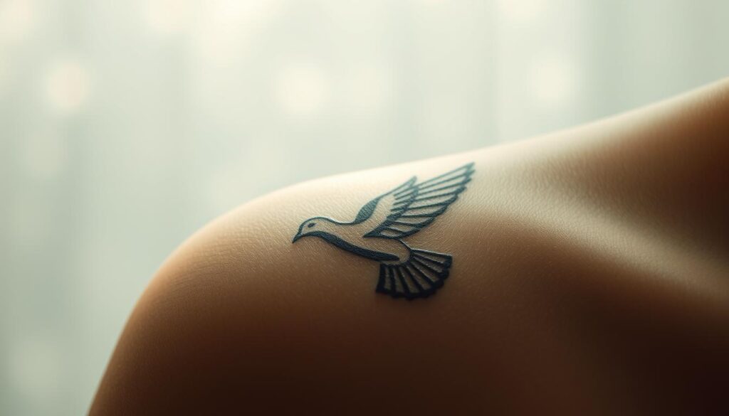 A close-up shot of a dove tattoo on a person's skin, showcasing the intricate linework and delicate shading. The dove is depicted with its wings spread, conveying a sense of freedom and peace. The tattoo is positioned on the foreground, with a hazy, ethereal background that suggests a spiritual or heavenly atmosphere. Soft, diffused lighting from the side creates subtle shadows and highlights the texture of the skin. The overall mood is serene, contemplative, and imbued with symbolic meaning, reflecting the significance of the dove as a representation of divine love, hope, and the Holy Spirit.