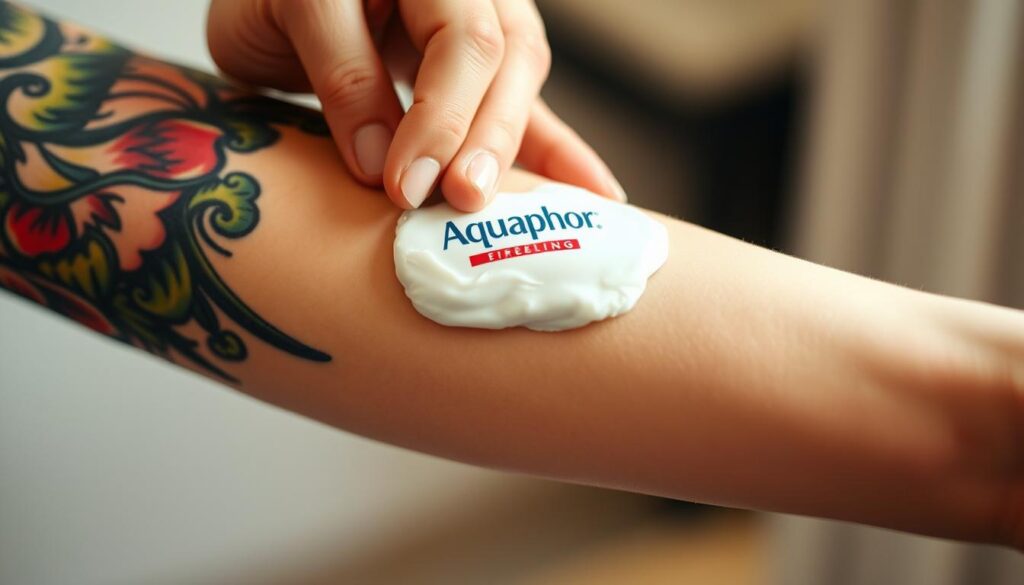 A close-up shot of a freshly tattooed arm being gently massaged with a generous layer of Aquaphor healing ointment. The skin appears vibrant, supple, and well-hydrated, with the tattoo's vibrant colors and intricate details clearly visible. The lighting is soft and diffused, creating a soothing, almost ethereal atmosphere. The background is slightly blurred, keeping the focus on the tattoo and the restorative application of the moisturizing balm. The image conveys a sense of care, nourishment, and the importance of proper tattoo aftercare for optimal healing and preservation of the artwork.