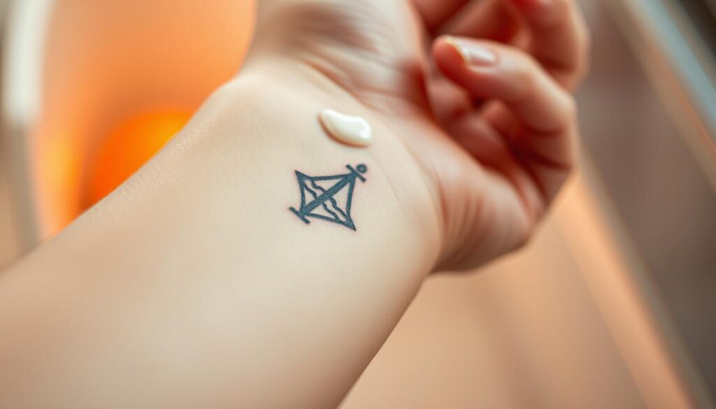 A close-up shot of a freshly tattooed arm, with the skin gently cleansed and moisturized. The tattoo is prominently displayed, surrounded by a soothing, calming atmosphere. Soft, diffused lighting casts a warm, natural glow, highlighting the vibrant colors and delicate linework of the design. The background is blurred, placing the focus entirely on the healing process, with a serene, minimalist aesthetic that conveys the importance of proper aftercare for small, intricate tattoos.