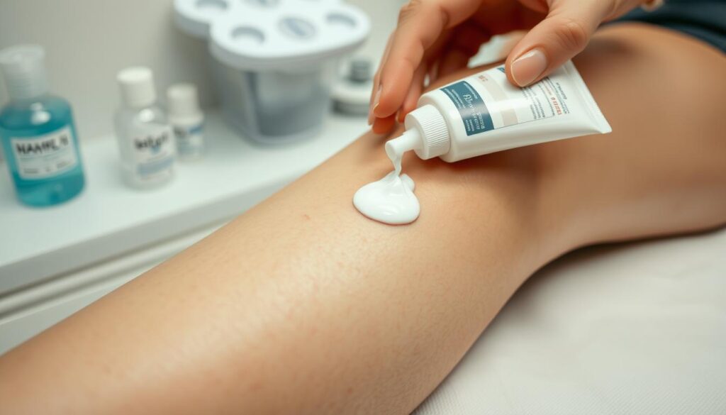 A close-up shot of a freshly tattooed knee, with the skin still tender and reddened. In the foreground, a hand gently applies a thin layer of fragrance-free lotion, smoothing it over the inked area. The lighting is soft and diffused, highlighting the delicate texture of the skin. In the background, a clean, sterile workspace with medical-grade supplies, conveying a sense of care and attention to the healing process. The overall mood is one of soothing, therapeutic aftercare, guiding the viewer through the essential steps to ensure a healthy, vibrant tattoo.