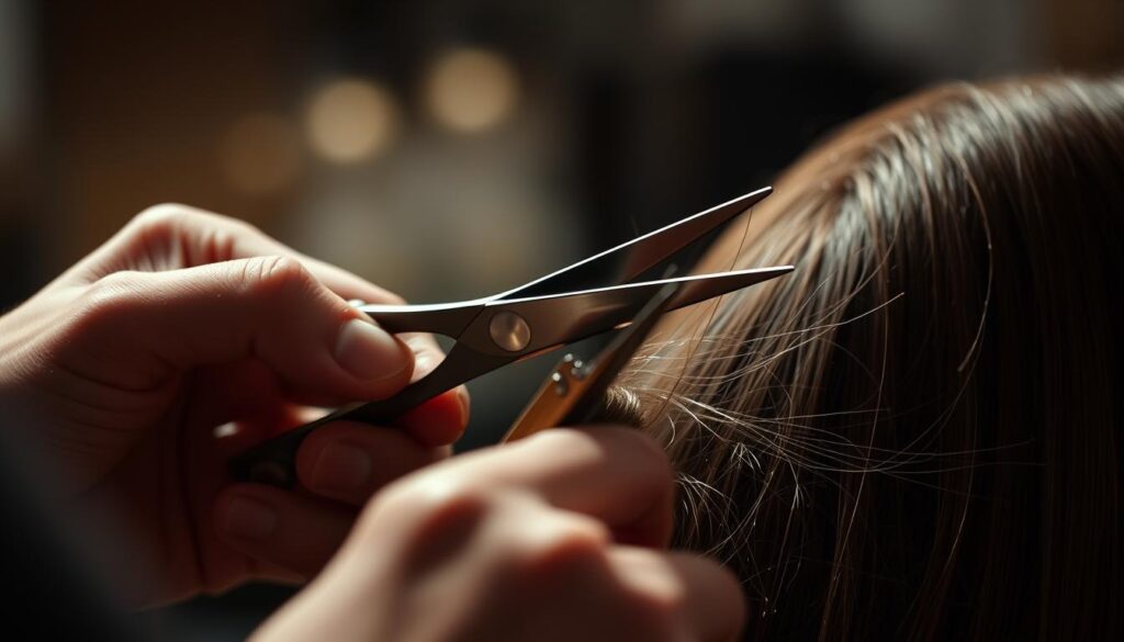 A close-up shot of a hairstylist's hands expertly wielding scissors, trimming and texturizing a client's hair. The focus is on the intricate technique, with a sharp, high-contrast lighting that accentuates the strands and the precise movements. The background is blurred, creating a sense of depth and emphasizing the importance of the task at hand. The overall mood is one of concentration and attention to detail, conveying the importance of proper hair-cutting techniques to achieve the perfect haircut. A close-up shot of a hairstylist's hands expertly wielding scissors, trimming and texturizing a client's hair. The focus is on the intricate technique, with a sharp, high-contrast lighting that accentuates the strands and the precise movements. The background is blurred, creating a sense of depth and emphasizing the importance of the task at hand. The overall mood is one of concentration and attention to detail, conveying the importance of proper hair-cutting techniques to achieve the perfect haircut.