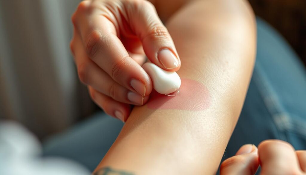 A close-up shot of a hand gently applying a soothing, transparent ointment to a freshly tattooed, slightly reddened skin. The tattoo is situated on the forearm, partially visible in the frame. The application is done with a delicate touch, using the fingertips to spread the ointment evenly across the affected area. The lighting is soft and natural, creating a warm, comforting atmosphere. The background is blurred, keeping the focus on the tattoo and the application process. The image conveys a sense of care and diligence in the proper aftercare of a new tattoo. A close-up shot of a hand gently applying a soothing, transparent ointment to a freshly tattooed, slightly reddened skin. The tattoo is situated on the forearm, partially visible in the frame. The application is done with a delicate touch, using the fingertips to spread the ointment evenly across the affected area. The lighting is soft and natural, creating a warm, comforting atmosphere. The background is blurred, keeping the focus on the tattoo and the application process. The image conveys a sense of care and diligence in the proper aftercare of a new tattoo.