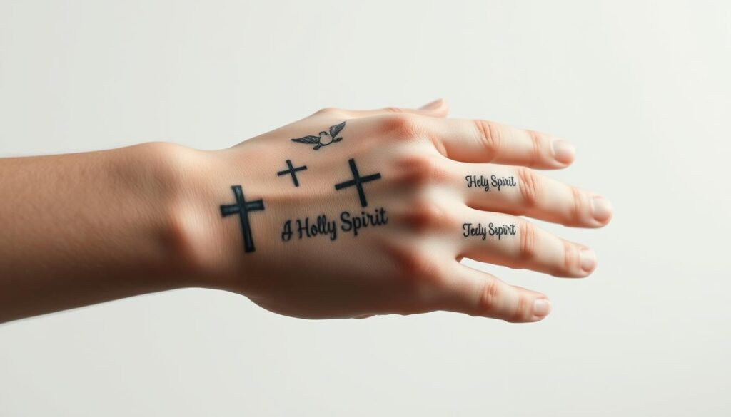 A close-up shot of a human hand with several Christian-themed tattoos, rendered in a realistic style with detailed linework and subtle shading. The tattoos include a simple cross, a dove representing the Holy Spirit, and a passage of scripture in a cursive font. The hand is positioned in a thoughtful, reverent pose against a neutral, minimalist background, conveying a sense of personal faith and spiritual connection. The lighting is soft and directional, highlighting the intricate tattoo designs. The overall atmosphere is one of contemplation and quiet devotion.