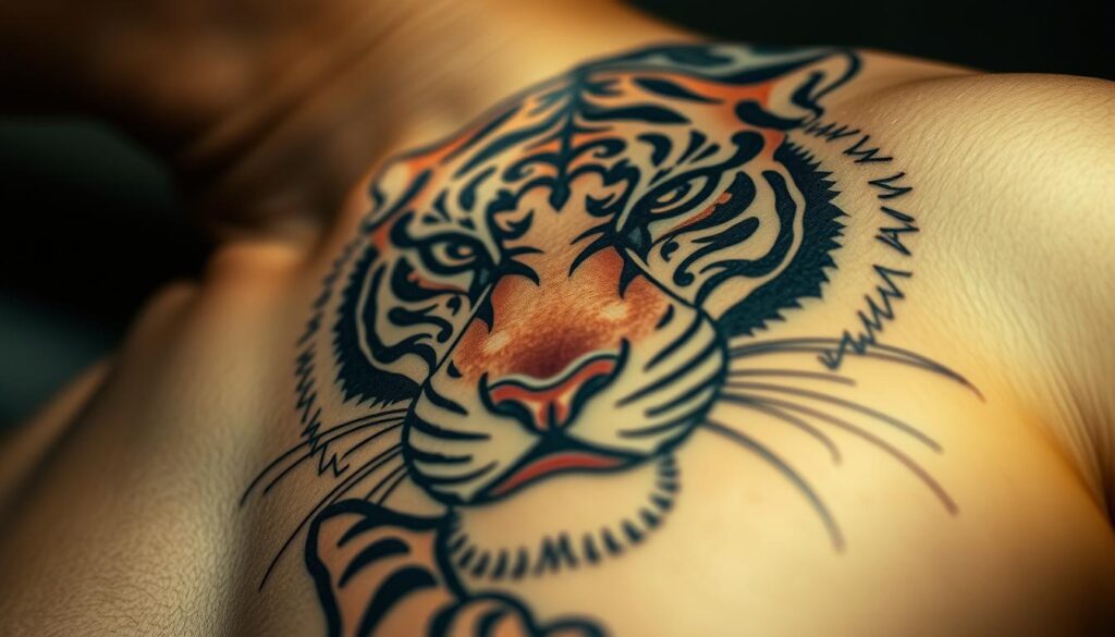 A close-up shot of a majestic tiger tattoo, its fierce eyes and powerful stripes commanding attention. The tattoo is rendered in a traditional Asian style, with intricate patterns and swirling brushstrokes that evoke the creature's cultural significance. The design is set against a backdrop of muted tones, suggesting a sense of reverence and contemplation. The lighting is soft and diffused, creating a subtle interplay of shadows and highlights that accentuate the tattoo's depth and complexity. The angle is slightly tilted, lending a dynamic and immersive perspective to the viewer, inviting them to explore the meaningful symbolism behind this captivating artwork.