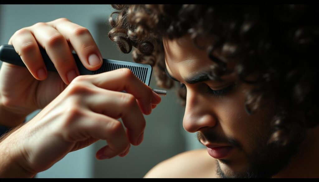 A close-up shot of a man's hands meticulously grooming his curly hair. In the foreground, fingers delicately comb through thick, voluminous locks, styling them with a light-hold pomade. The middle ground reveals the man's face in profile, his expression serene as he focuses on the task. Soft, directional lighting casts subtle shadows, emphasizing the texture and definition of the curls. The background is blurred, keeping the attention on the intricate grooming process. The overall mood is one of thoughtful self-care, highlighting the unique beauty and care required for managing curly hair. A close-up shot of a man's hands meticulously grooming his curly hair. In the foreground, fingers delicately comb through thick, voluminous locks, styling them with a light-hold pomade. The middle ground reveals the man's face in profile, his expression serene as he focuses on the task. Soft, directional lighting casts subtle shadows, emphasizing the texture and definition of the curls. The background is blurred, keeping the attention on the intricate grooming process. The overall mood is one of thoughtful self-care, highlighting the unique beauty and care required for managing curly hair.