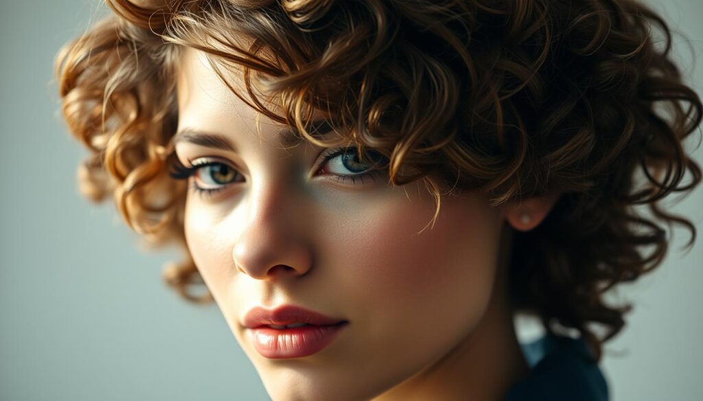 A close-up shot of a model's head showcasing a stylish wolf cut perm hairstyle. The curly, voluminous locks frame the face, creating a wild and edgy look. Soft, natural lighting gently illuminates the model's features, highlighting the textured layers and wispy bangs. The hair has a lustrous, glossy sheen, with individual strands visible. The model's expression is confident and alluring, conveying the trendy, versatile nature of the wolf cut perm. The background is blurred, keeping the focus solely on the captivating hairstyle.