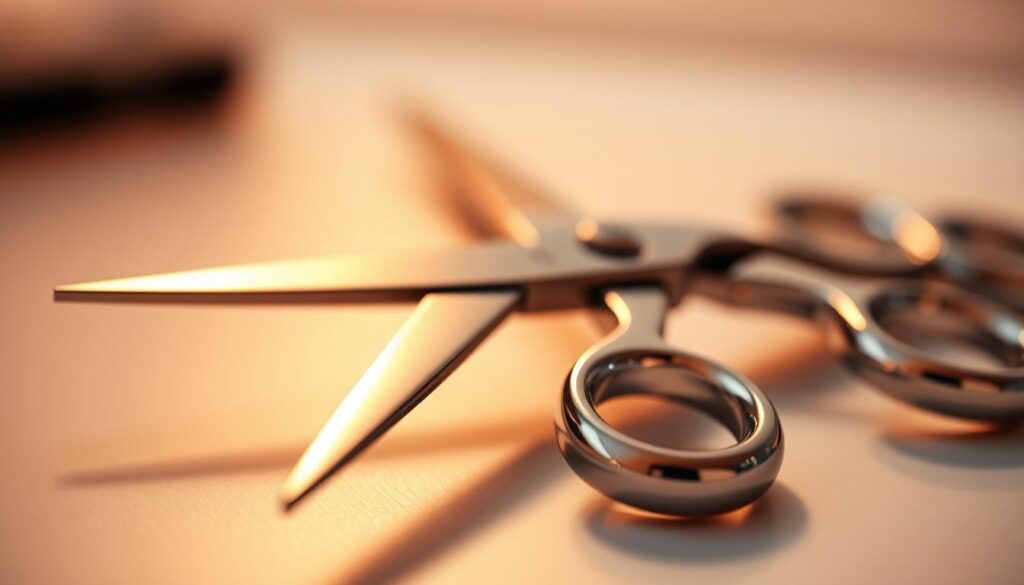 A close-up shot of a pair of professional-grade hair stylist scissors, their sharp stainless steel blades gleaming under soft, warm lighting. The scissors are positioned on a clean, minimalist surface, showcasing their intricate design and hinting at their precision. The background is blurred, creating a sense of focus and emphasis on the scissors' form and function. The image conveys a sense of quality, attention to detail, and the importance of the right tools for different hair types and styling needs. A close-up shot of a pair of professional-grade hair stylist scissors, their sharp stainless steel blades gleaming under soft, warm lighting. The scissors are positioned on a clean, minimalist surface, showcasing their intricate design and hinting at their precision. The background is blurred, creating a sense of focus and emphasis on the scissors' form and function. The image conveys a sense of quality, attention to detail, and the importance of the right tools for different hair types and styling needs.