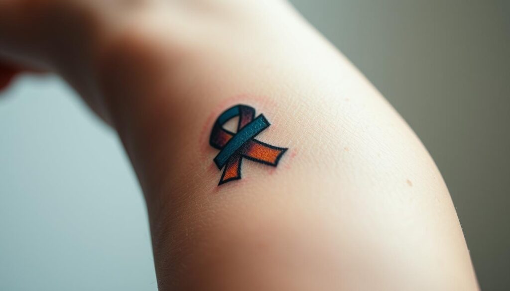 A close-up shot of a person's arm, featuring a detailed and meaningful autism awareness tattoo. The tattoo's design includes symbolic elements such as the puzzle piece, the autism ribbon, and a subtle gradient transition. The skin texture is realistic, with subtle imperfections and natural tones. The lighting is soft and directional, creating depth and highlights the intricate linework and shading of the tattoo. The background is blurred, keeping the focus solely on the personal, heartfelt tattoo and its story.